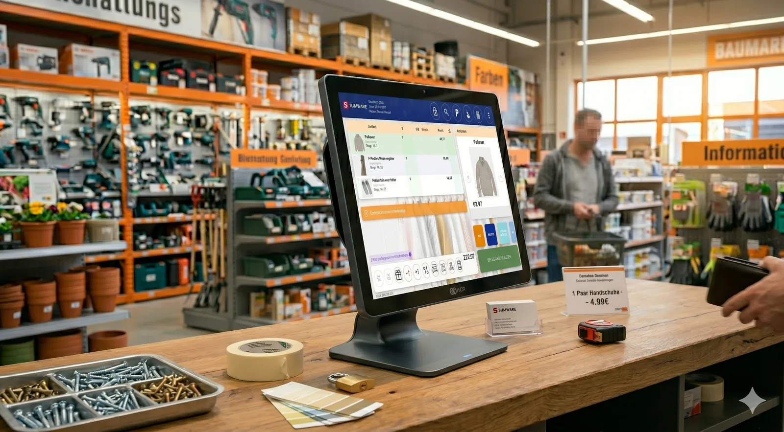 SUMWARE-POS auf einer Holztheke in einem Baumarkt mit Werkzeugen, Schrauben und Zubehör im Hintergrund