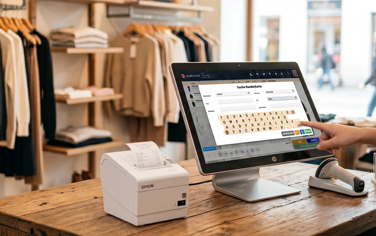 SUMWARE-POS mit Kundenkarten-Suchmaske in einer Boutique, Touchscreen-Tastatur eingeblendet